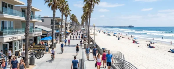 Vue panoramique du boardwalk de Pacific Beach avec ses palmiers bordant la plage de sable blanc et l'océan Pacifique sous un ciel bleu californien