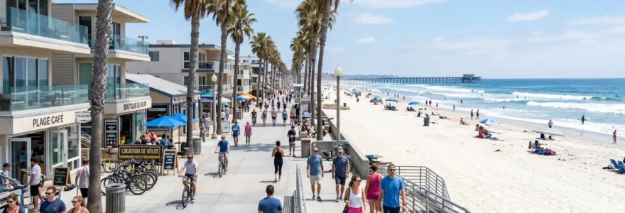 Vue panoramique du boardwalk de Pacific Beach avec ses palmiers bordant la plage de sable blanc et l'océan Pacifique sous un ciel bleu californien
