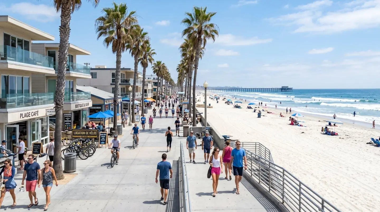 Vue panoramique du boardwalk de Pacific Beach avec ses palmiers bordant la plage de sable blanc et l'océan Pacifique sous un ciel bleu californien