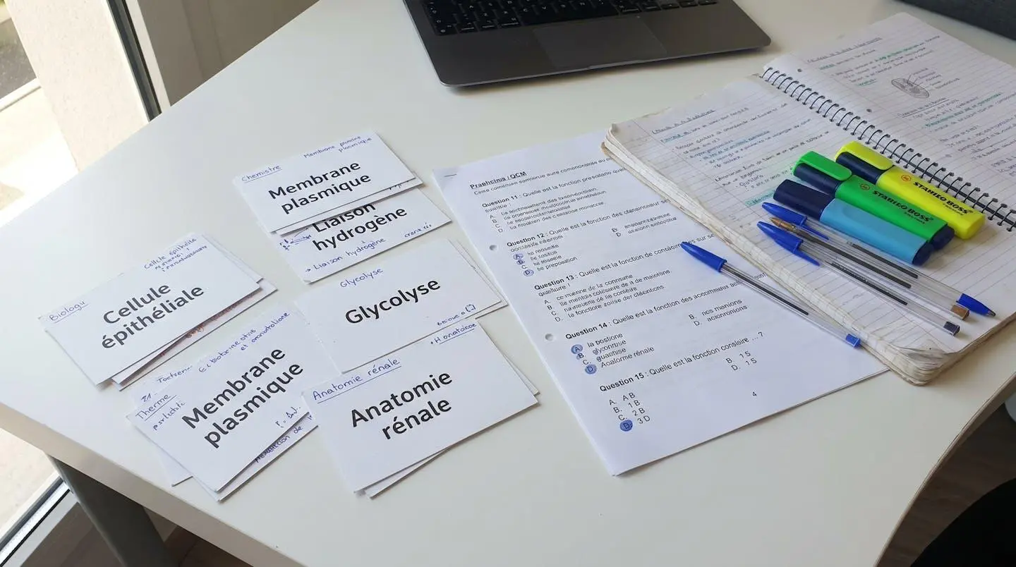 Gros plan sur un bureau d'étude organisé avec fiches de révision de biologie et chimie, feuilles d'entraînement QCM et surligneurs contemporains