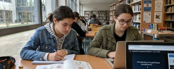 Deux lycéens assis côte à côte dans une bibliothèque contemporaine, l'un révisant des notes de biologie sur papier, l'autre consultant un ordinateur portable