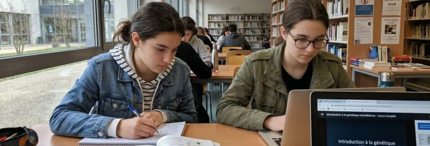 Deux lycéens assis côte à côte dans une bibliothèque contemporaine, l'un révisant des notes de biologie sur papier, l'autre consultant un ordinateur portable