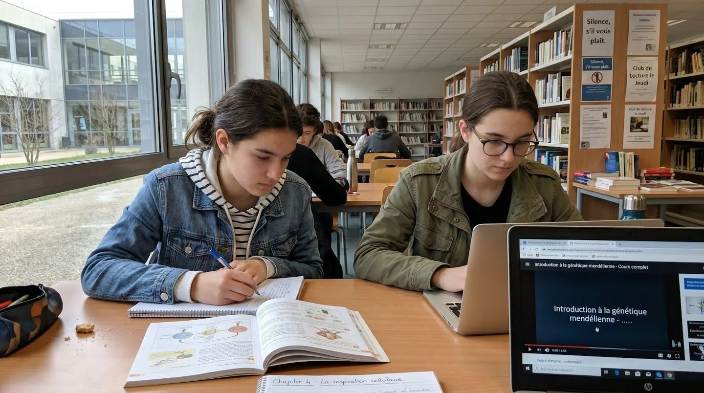 Deux lycéens assis côte à côte dans une bibliothèque contemporaine, l'un révisant des notes de biologie sur papier, l'autre consultant un ordinateur portable