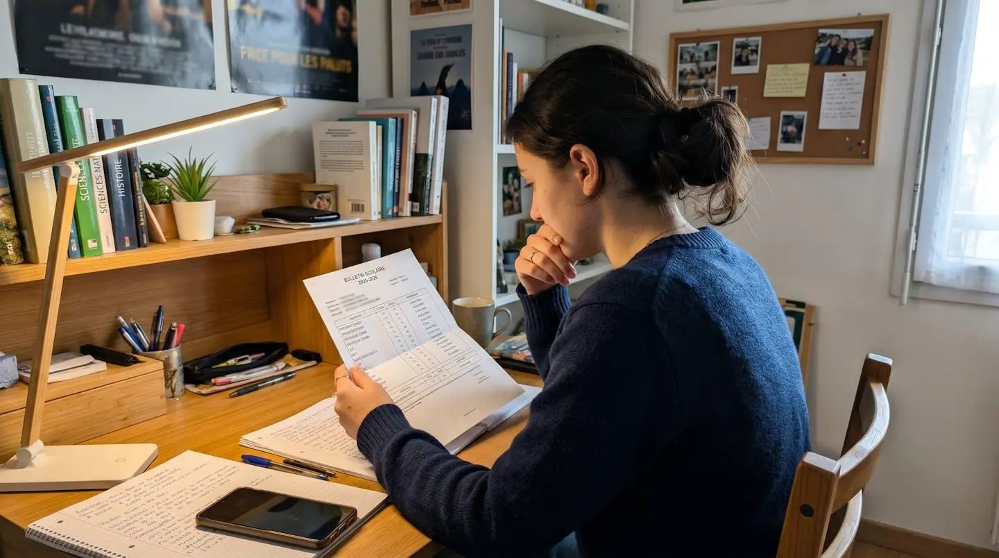 Lycéen vu de dos à son bureau consultant son bulletin scolaire avec notes de matières scientifiques visibles mais floues, posture de réflexion