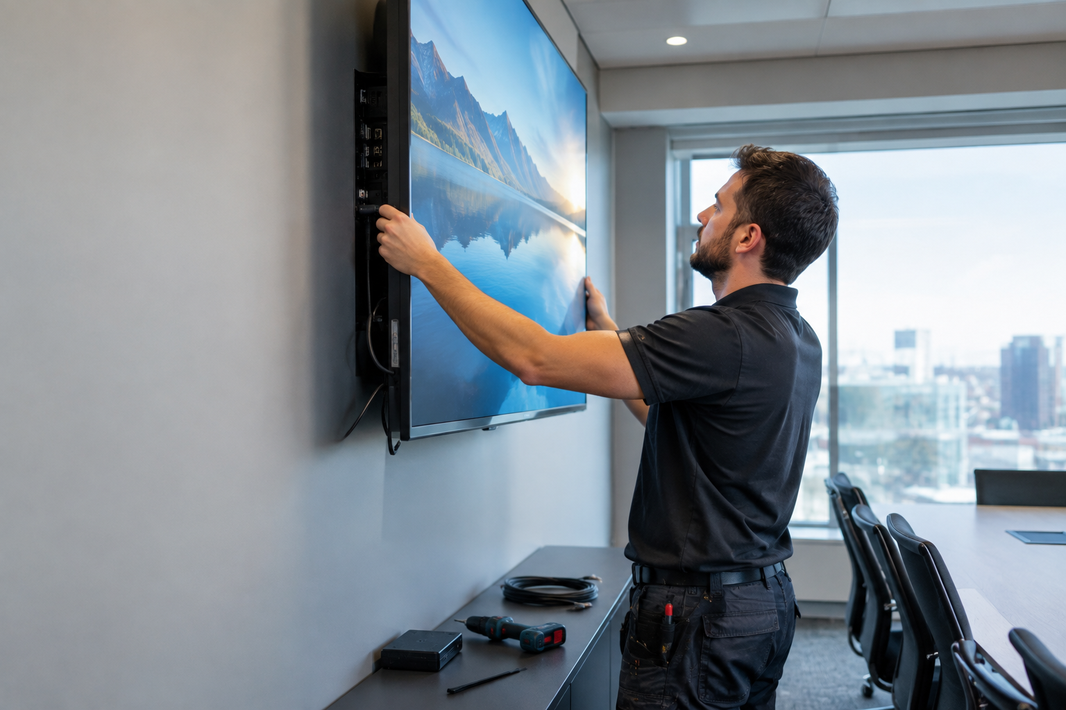 Un technicien installe et raccorde un écran vidéo professionnel au mur d'une salle de conférence moderne.