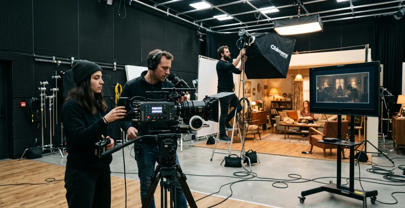 Une équipe de tournage travaille sur un plateau de production audiovisuel avec une caméra professionnelle, un écran de contrôle et un éclairage de studio.