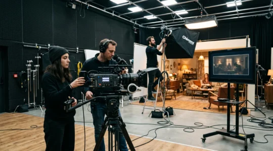 Une équipe de tournage travaille sur un plateau de production audiovisuel avec une caméra professionnelle, un écran de contrôle et un éclairage de studio.