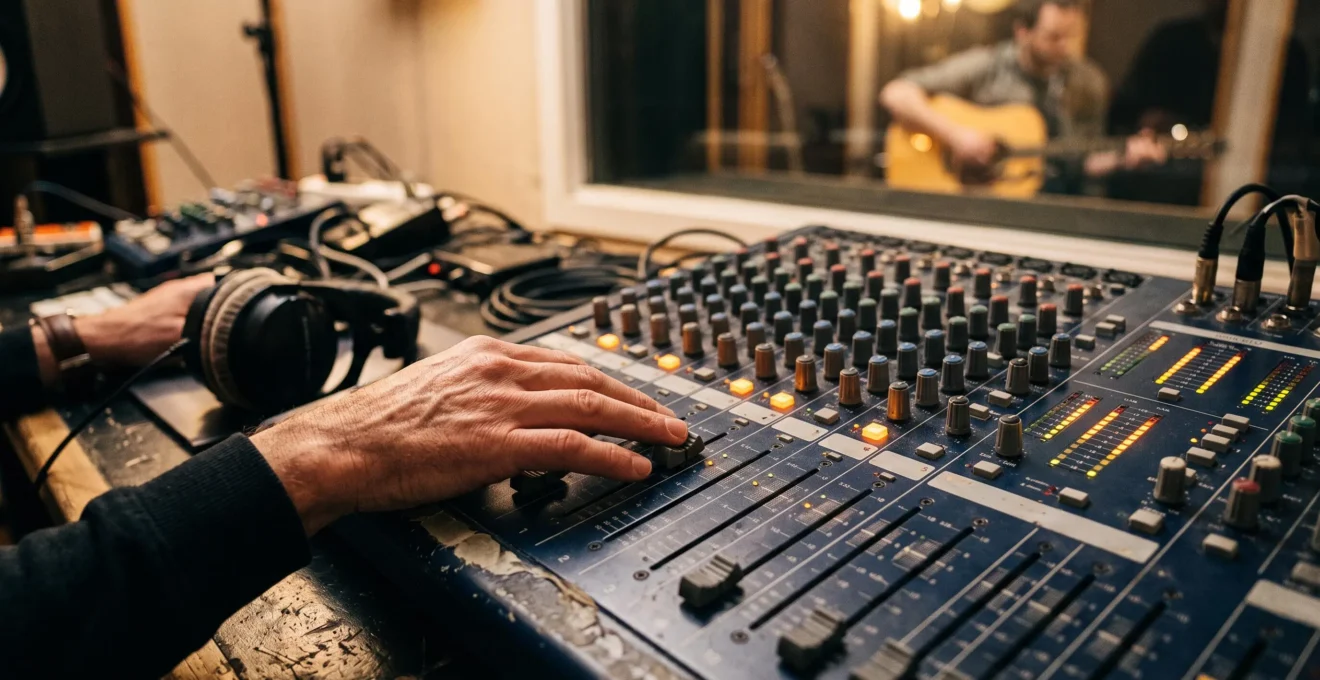 Un ingénieur du son ajuste les faders d'une console de mixage professionnelle lors d'une session d'enregistrement en studio.